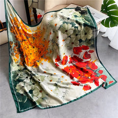Flower Print Bandana Block Square Scarf Satin Shawl Women Windproof Head Wrap