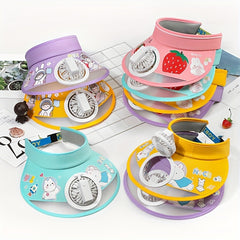 Girls Sun Visor Hat With Rechargeable Fan UV Protective Breathable Cap