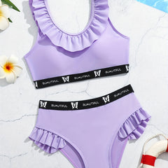 2pc Girl's Ruffled Trim Sleeveless Top & Shorts Swimsuit Set