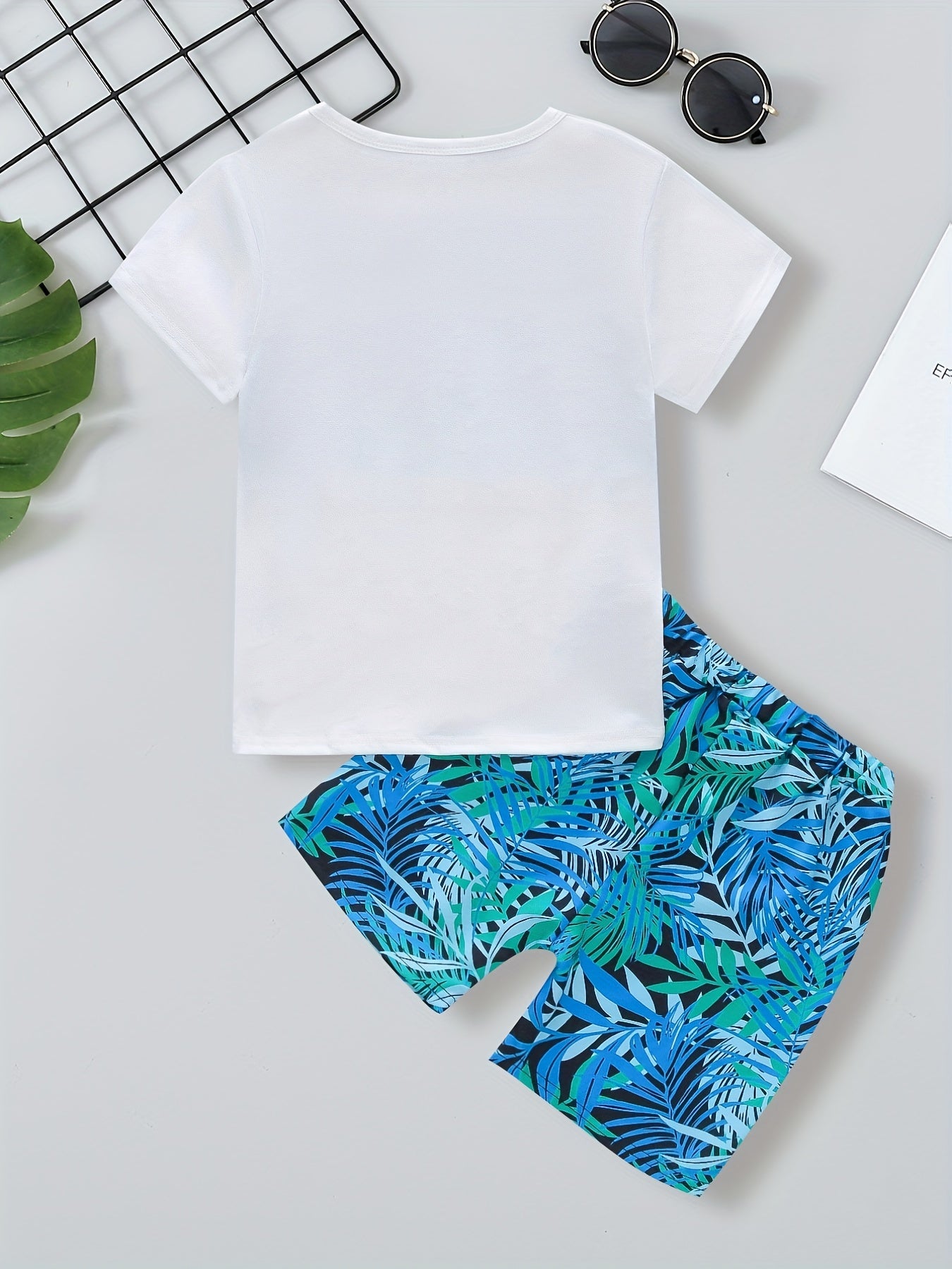 Boys Leaf Print Set Short Sleeve & Shorts Summer Style Casual Kids Clothes