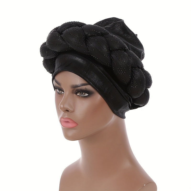 Twist Braided Turban Cap Rhinestone Decor Big Head Wrap Hijab Hats