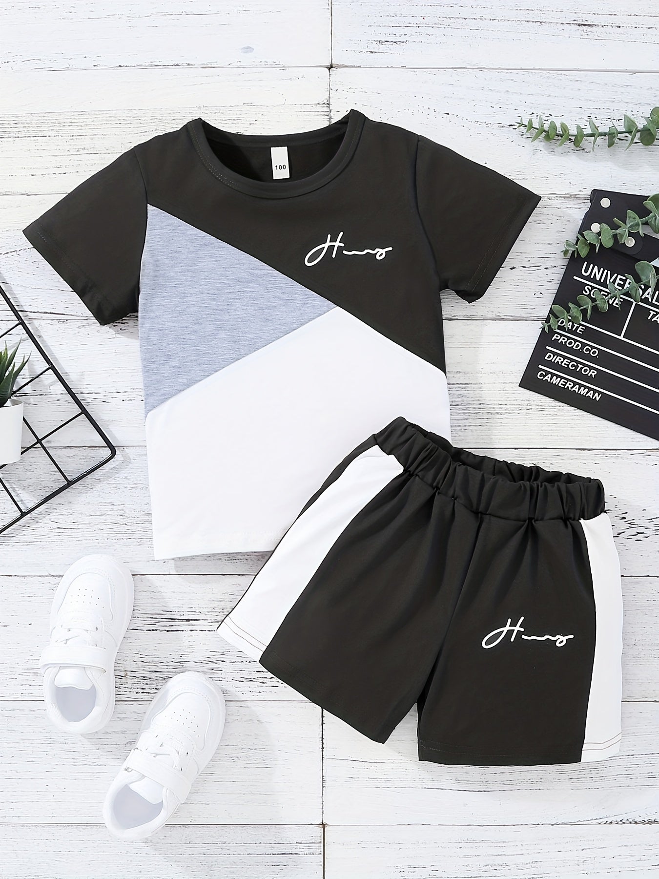2pcs Boys Teen Casual Block T Shirt & Shorts Set For Summer