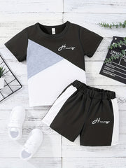 2pcs Boys Teen Casual Block T Shirt & Shorts Set For Summer