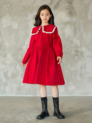 Girls Cotton Collar Dress Preppy Style Dresses For Party