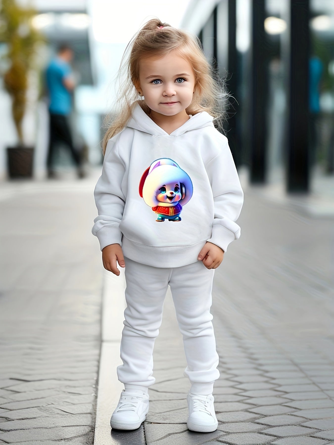 Girls Bunny Pattern Hooded Sweatshirt Top Set