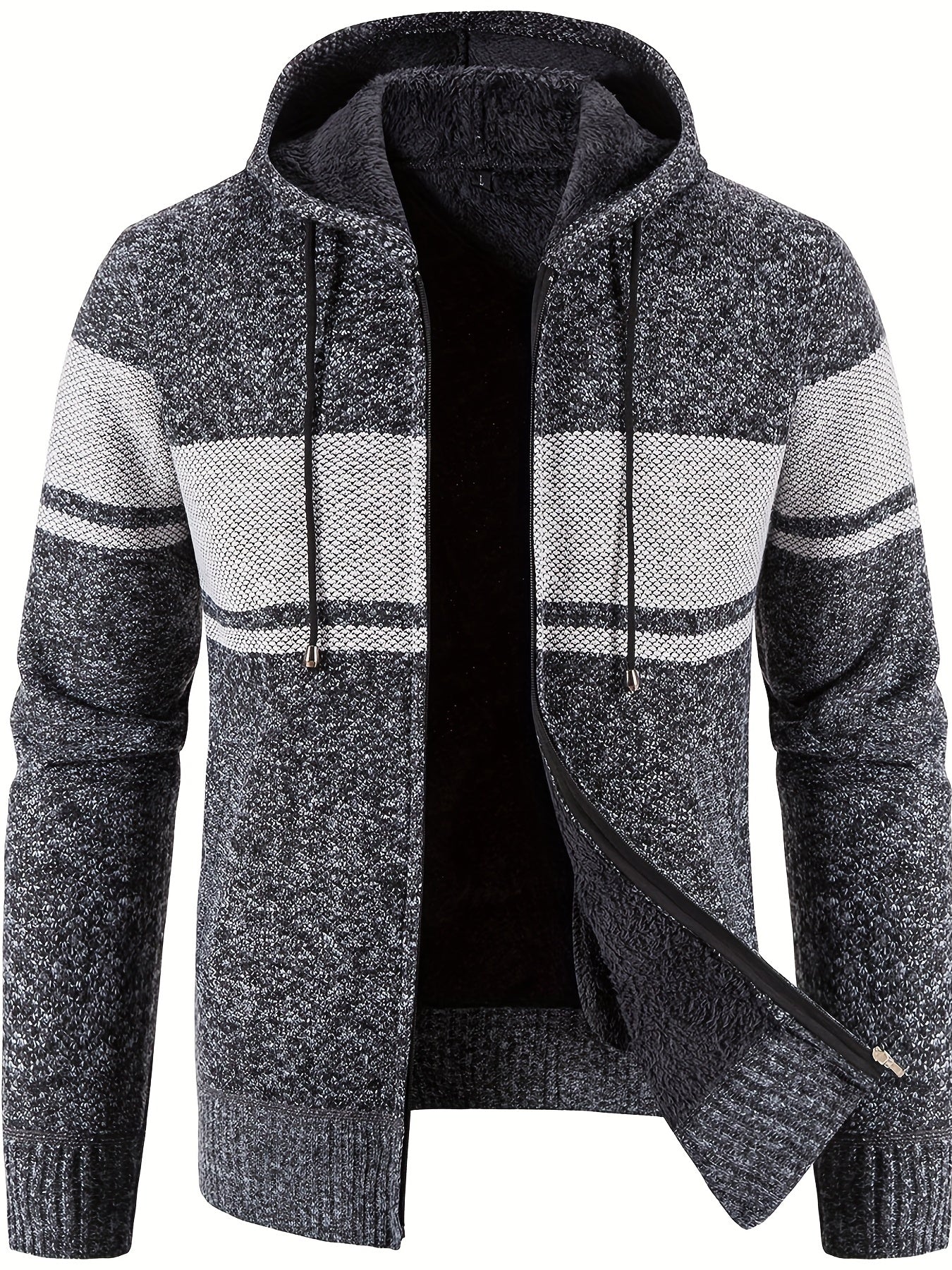 Knitted Block Hooded Sherpa Lined Cardigan Casual Zip Up Jacket