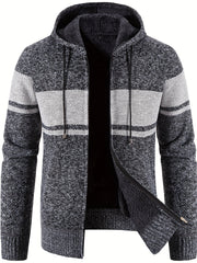 Knitted Block Hooded Sherpa Lined Cardigan Casual Zip Up Jacket