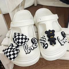 Women's Chunky Heel Clogs Bow &bear Charms T-Strap Sandals