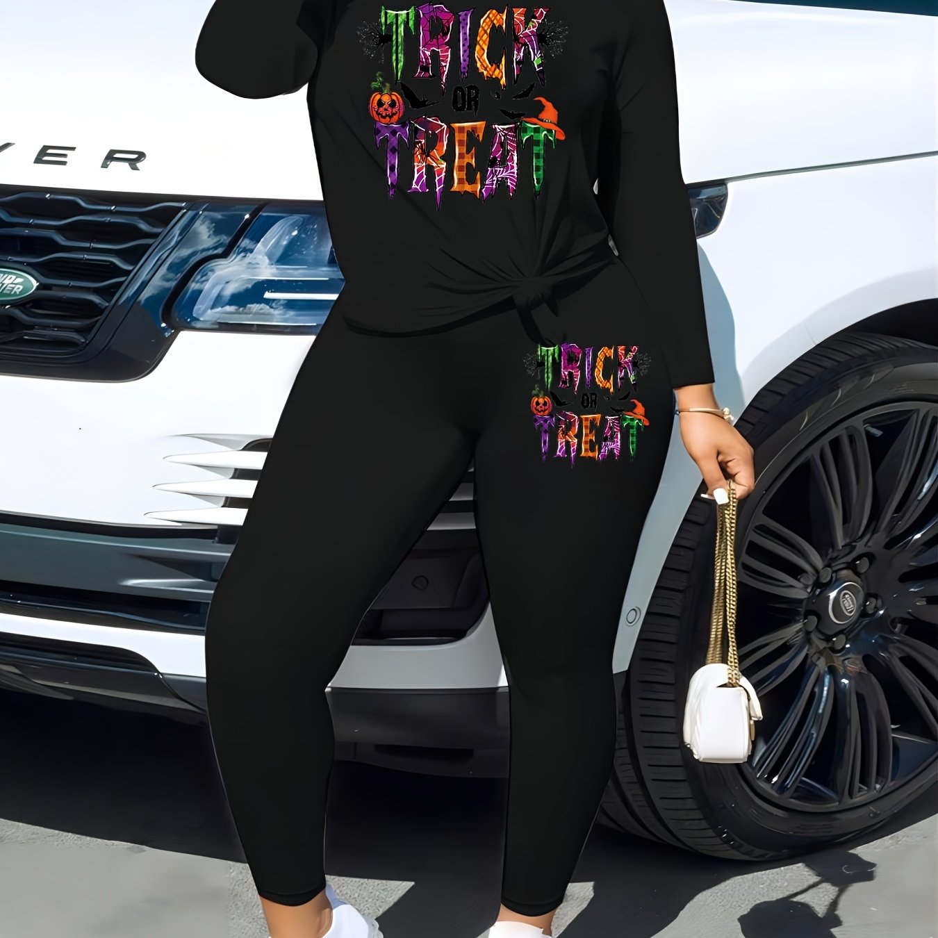 Women's Plus Pumpkin & Letter Print Tee & Legging Outfits Set