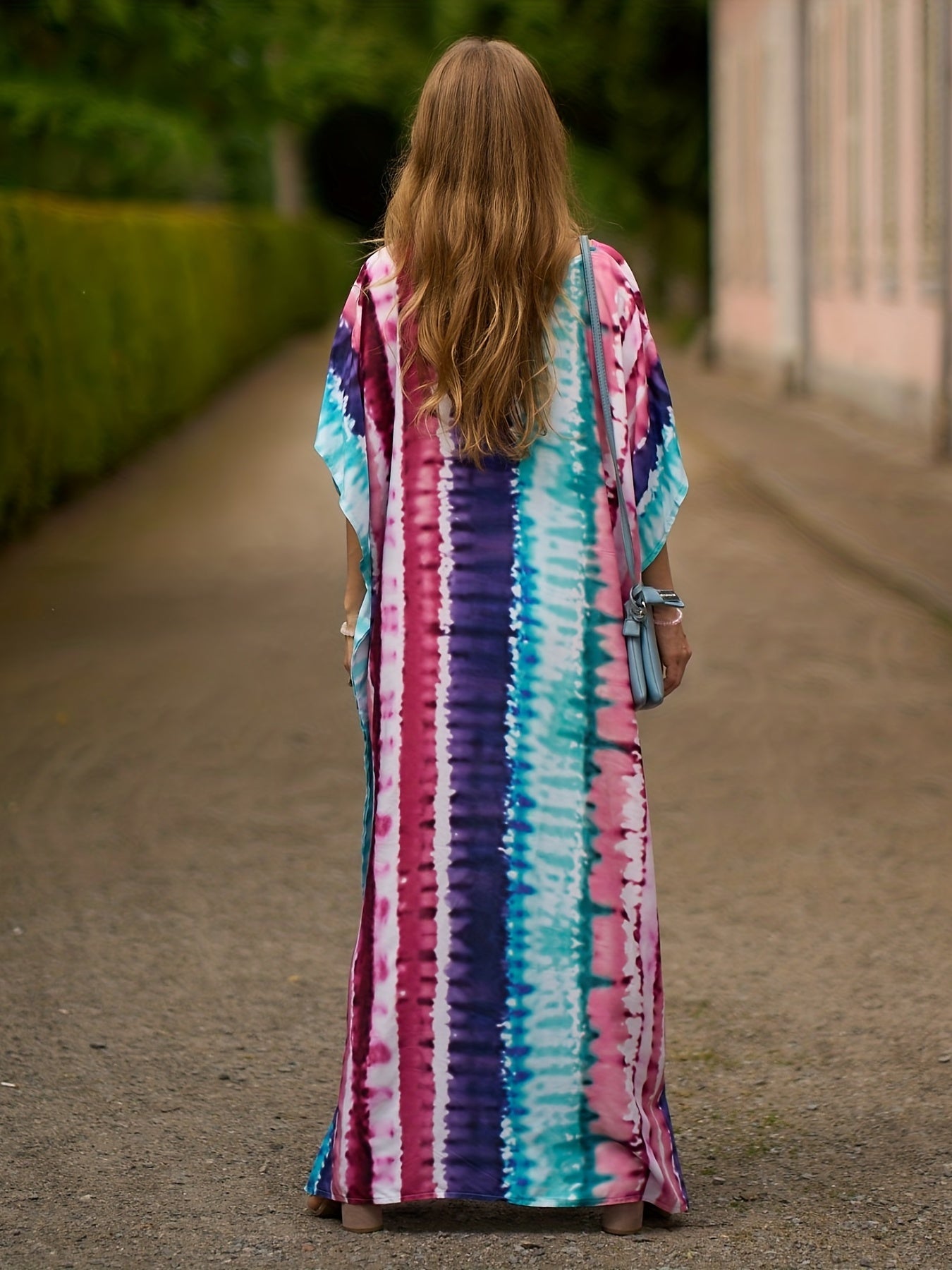 Boho Cover Up Tie Dye Stripe Print V Neck Bat Sleeve Split Dress