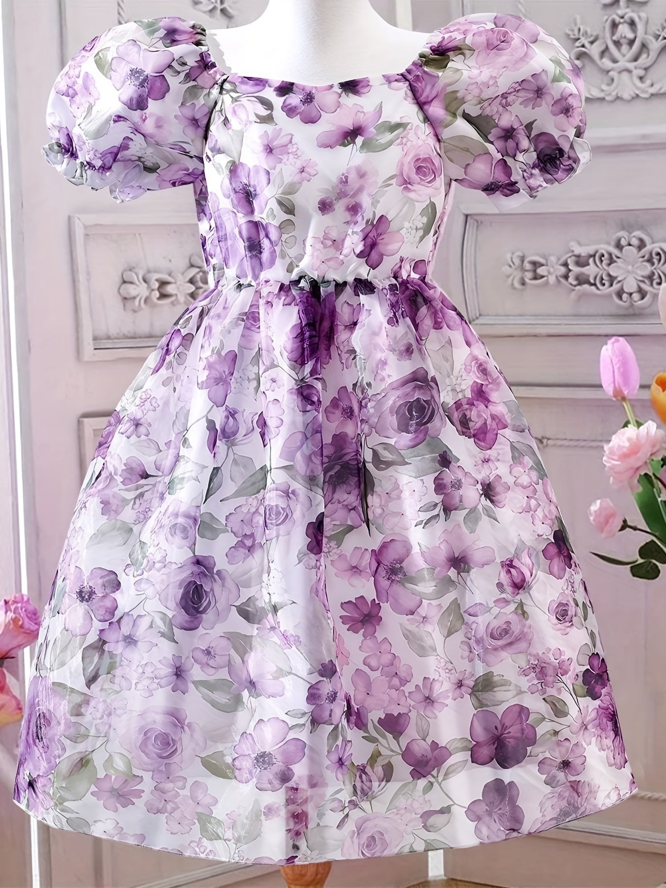 Purple Floral Puff Sleeve Princess Dress for Girls