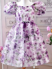 Purple Floral Puff Sleeve Princess Dress for Girls