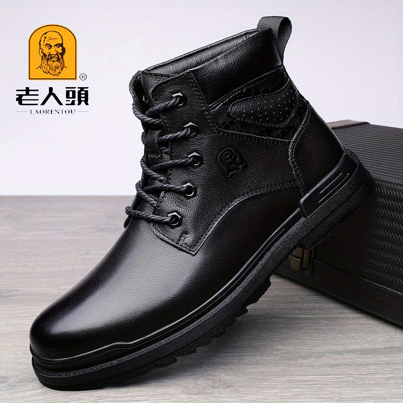 LAORENTOU Men's Leather Snow Boots Anti skid Lace up Shoes For Outdoor Winter