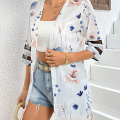 Floral Print Half Sleeve Jacket Casual Open Front Crew Neck Outerwear