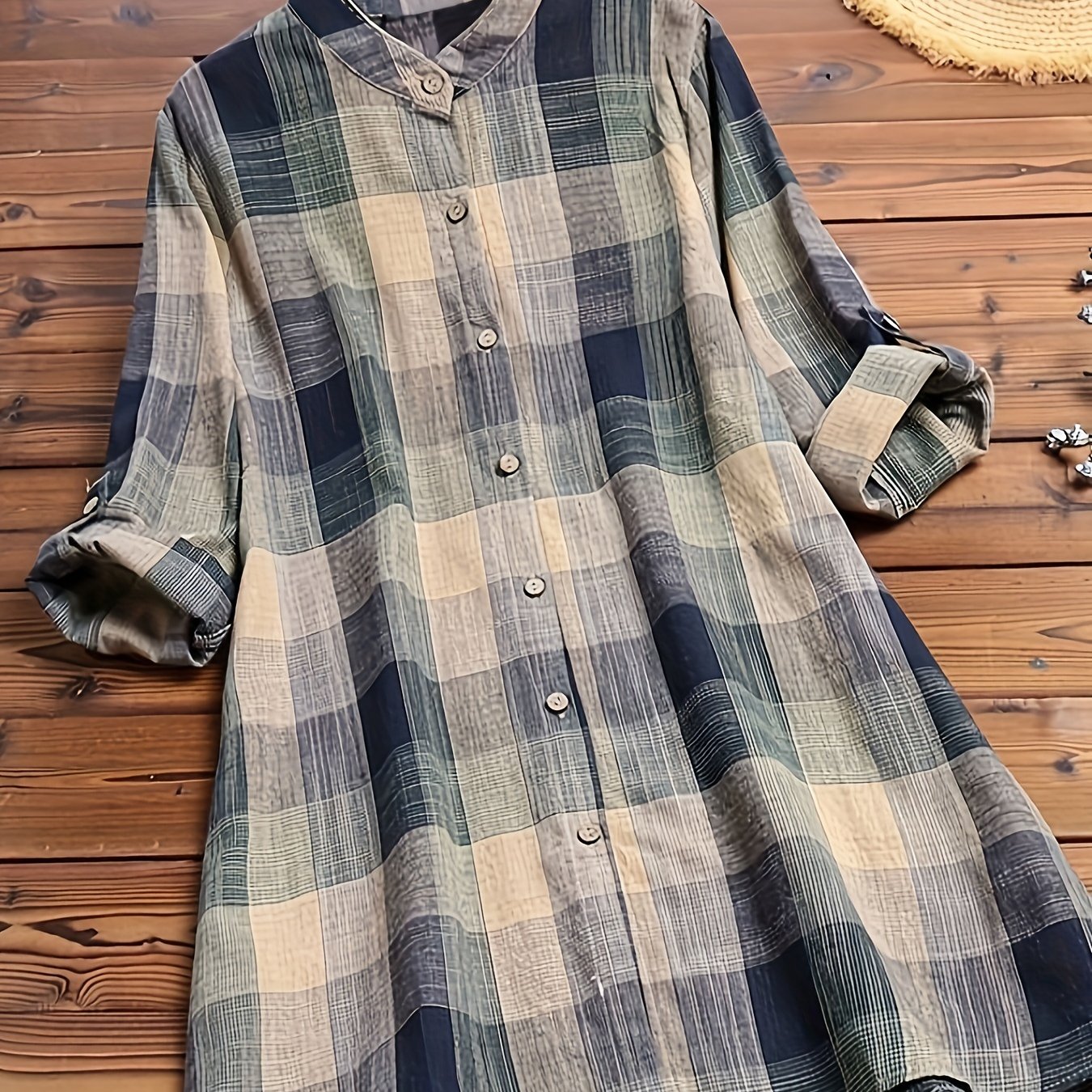 Colorblock Grid Print Button Up Blouse