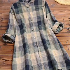 Colorblock Grid Print Button Up Blouse