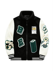 Men's Casual Lamb Fleece Block Jacket With Embroidered Patches