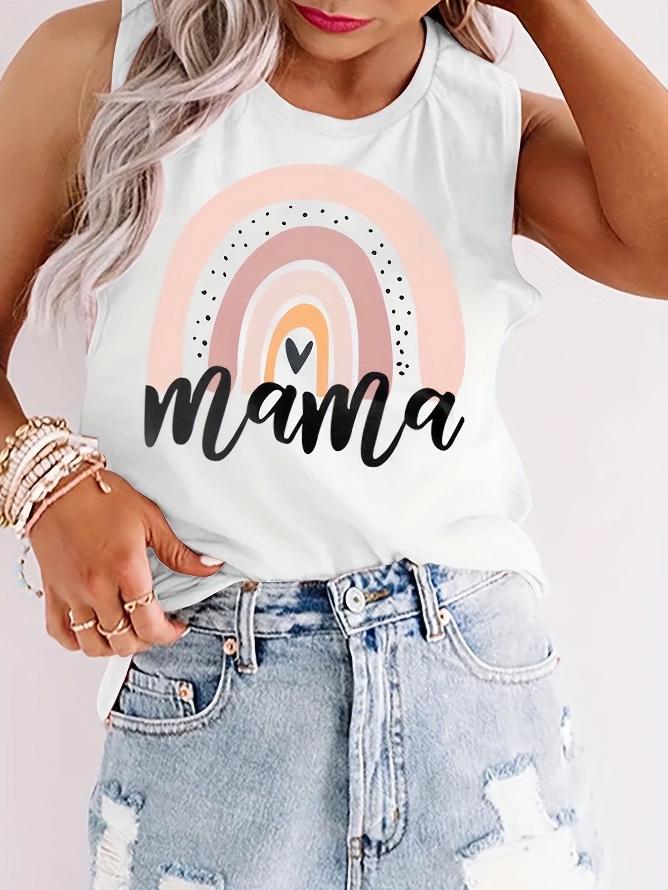 MAMA Letter Print Tank Top Loose Sleeveless Casual Round Neck Women's Clothing