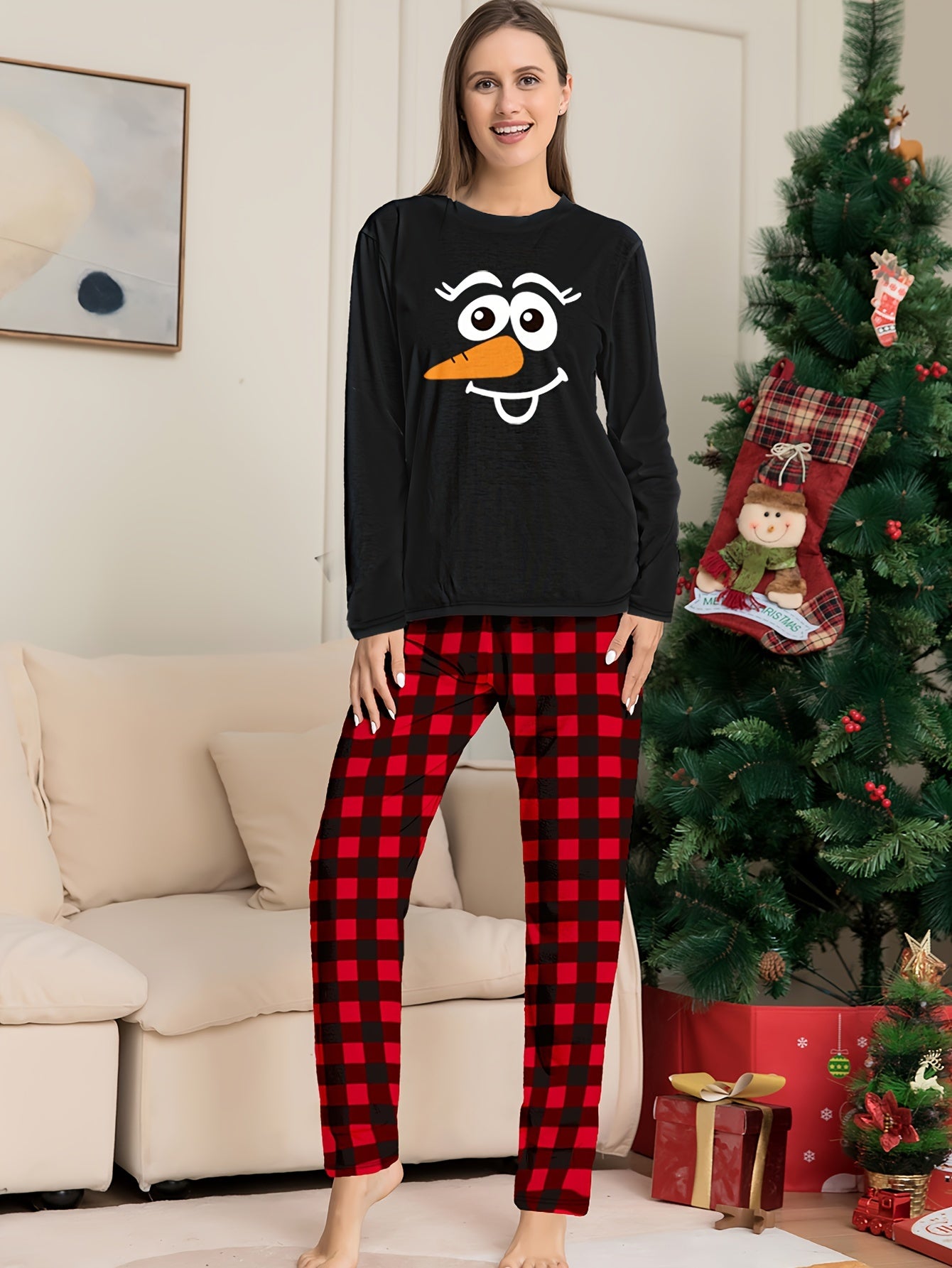 Christmas Print Pajama Set Top & Plaid Pants Women's Sleepwear