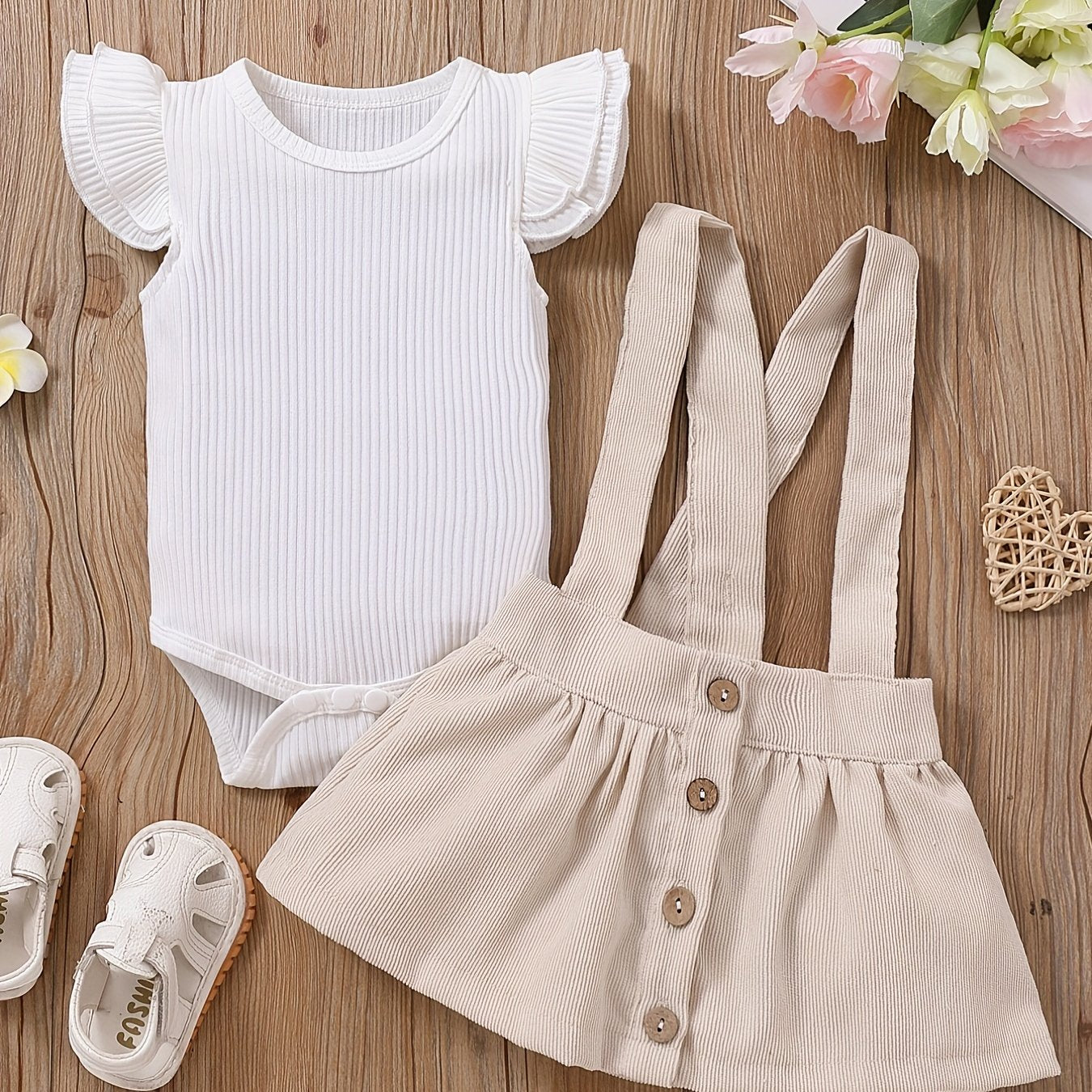 Baby Girl Causal Set Cotton Flying Sleeve Jumpsuit & Corduroy Suspender Skirt