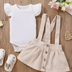Baby Girl Causal Set Cotton Flying Sleeve Jumpsuit & Corduroy Suspender Skirt