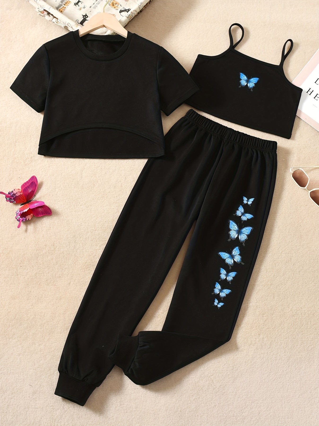 3pcs Girls Bow Butterfly Cami Tops Jogger Pants Asymmetrical Trim Set