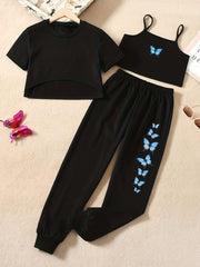 3pcs Girls Bow Butterfly Cami Tops Jogger Pants Asymmetrical Trim Set