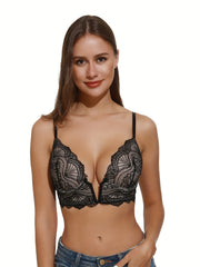 Floral Lace Plunge Bra with Scallop Trim