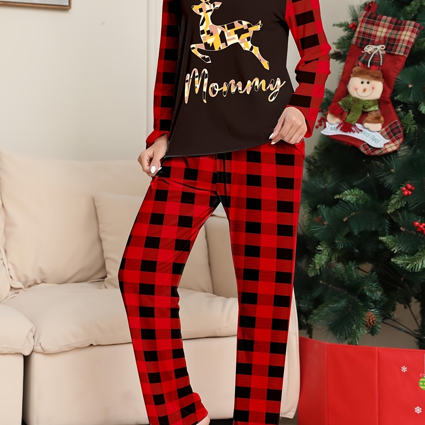 Christmas Pajamas Set Women's Geo Elk & Letter Print Tee & Plaid Pants