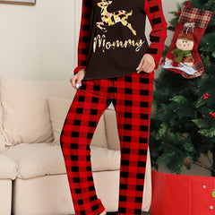 Christmas Pajamas Set Women's Geo Elk & Letter Print Tee & Plaid Pants