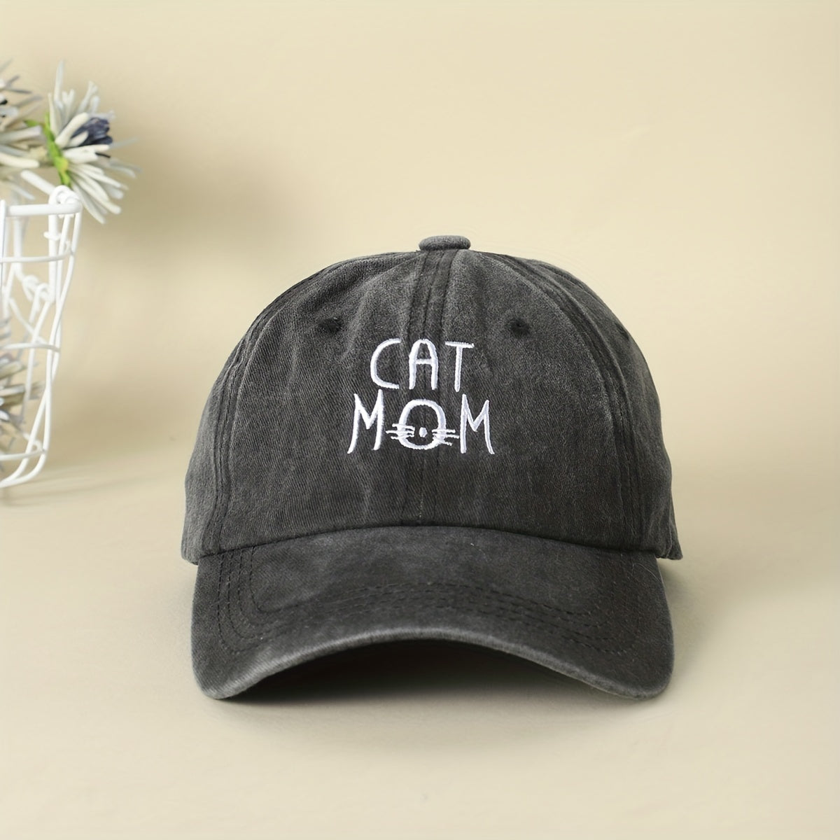 Cat Mom Embroidery Baseball Cap Distressed Sun Hat