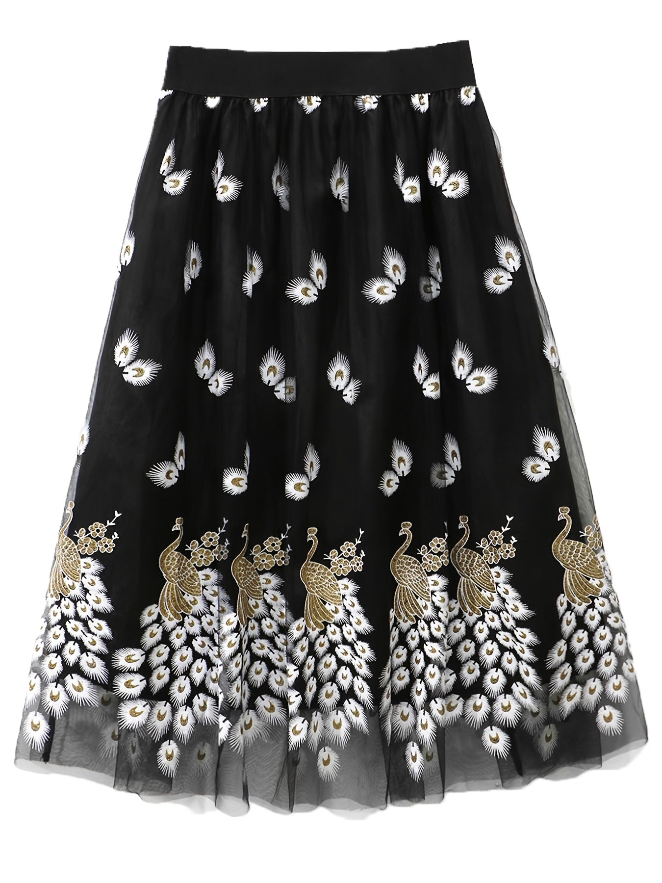 Women's Plus Peacock & Feather Print Elastic Waist Pleated Mesh Skirt