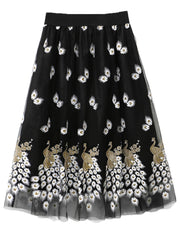 Women's Plus Peacock & Feather Print Elastic Waist Pleated Mesh Skirt