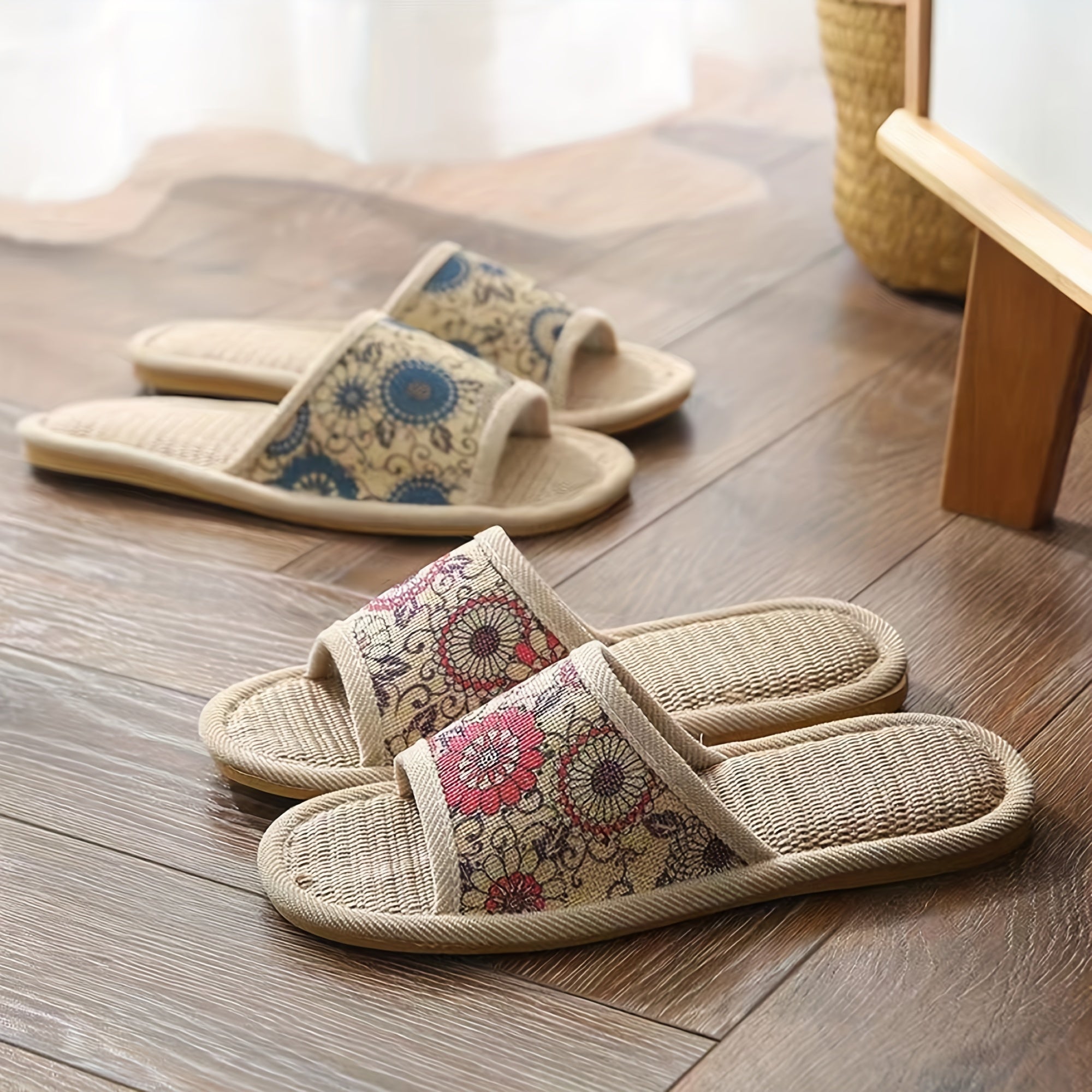 Women's Floral Linen Slides Open Toe Rattan Flat Shoes