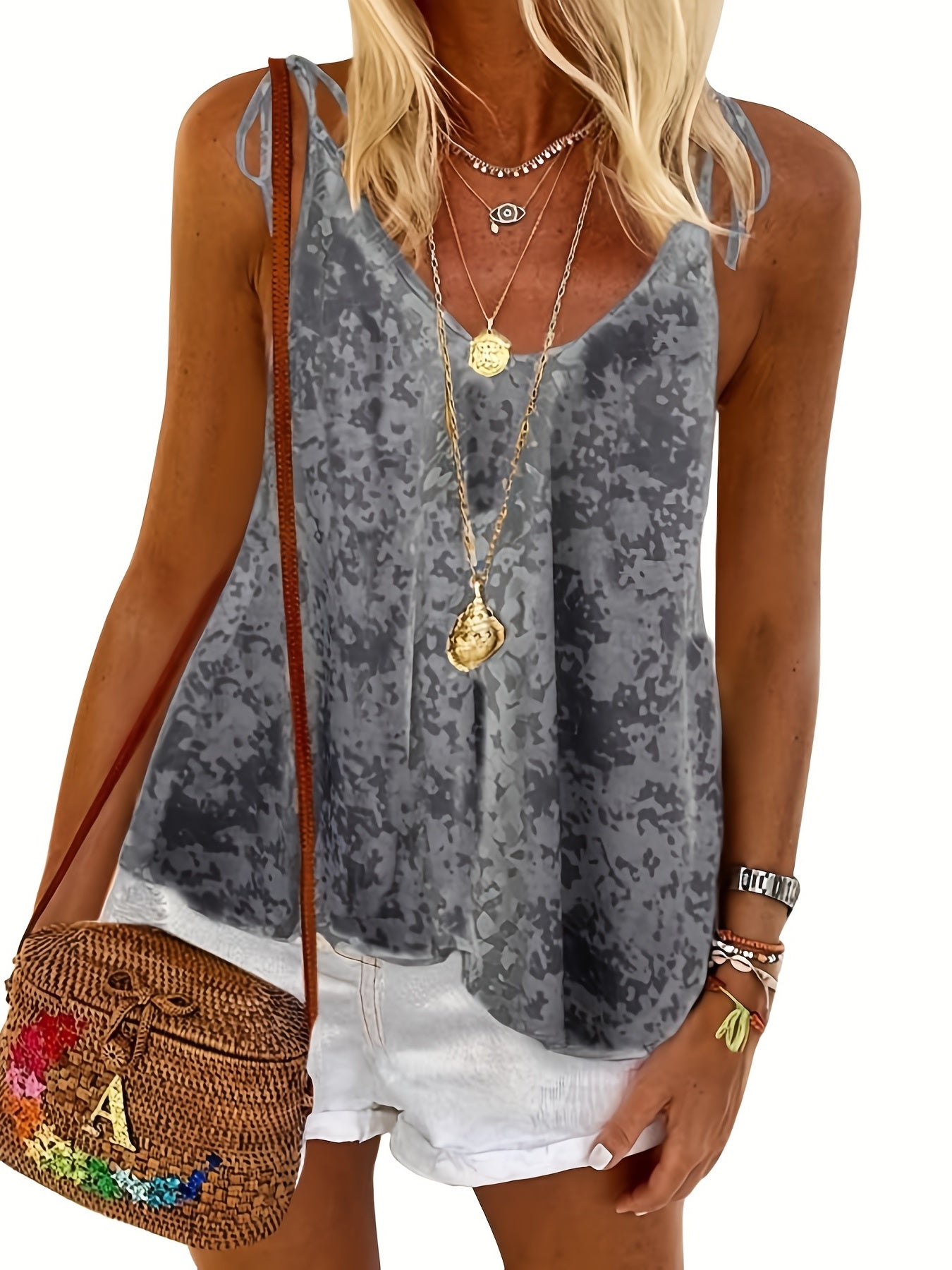 Casual Cami Top Random Print Round Neck Tie Shoulder