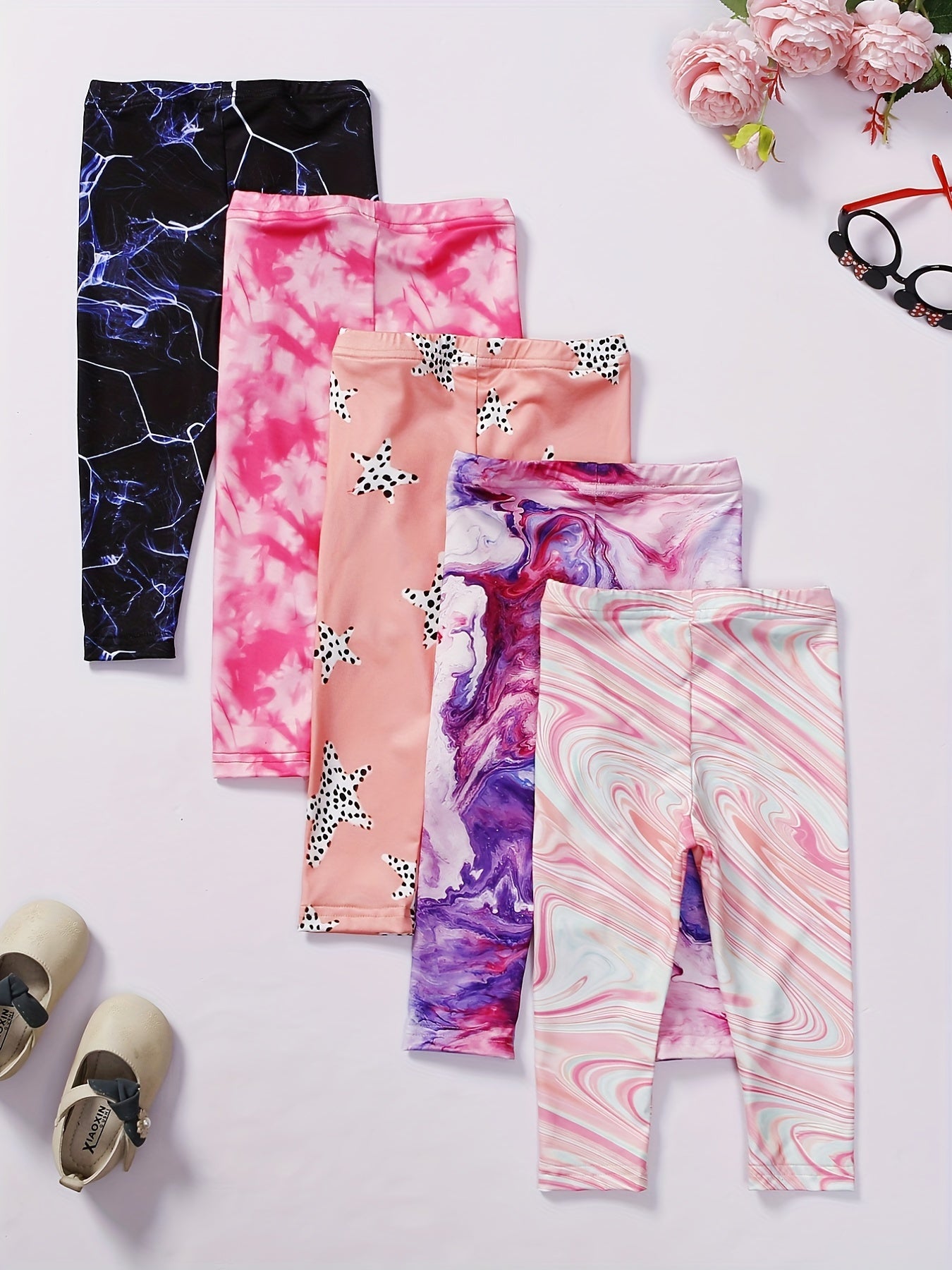 5pcs Girls' Stretch Tie Dye Footless Leggings for Trendy Style