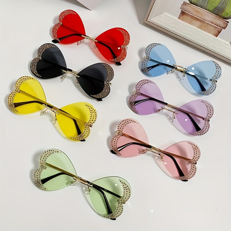 Girl's Love Shape Rimless Sunglasses with Rhinestone Y2K Ocean Lens