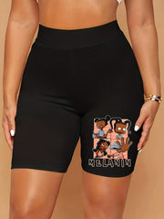 Plus Cartoon Figure & Letter Print Skinny Shorts