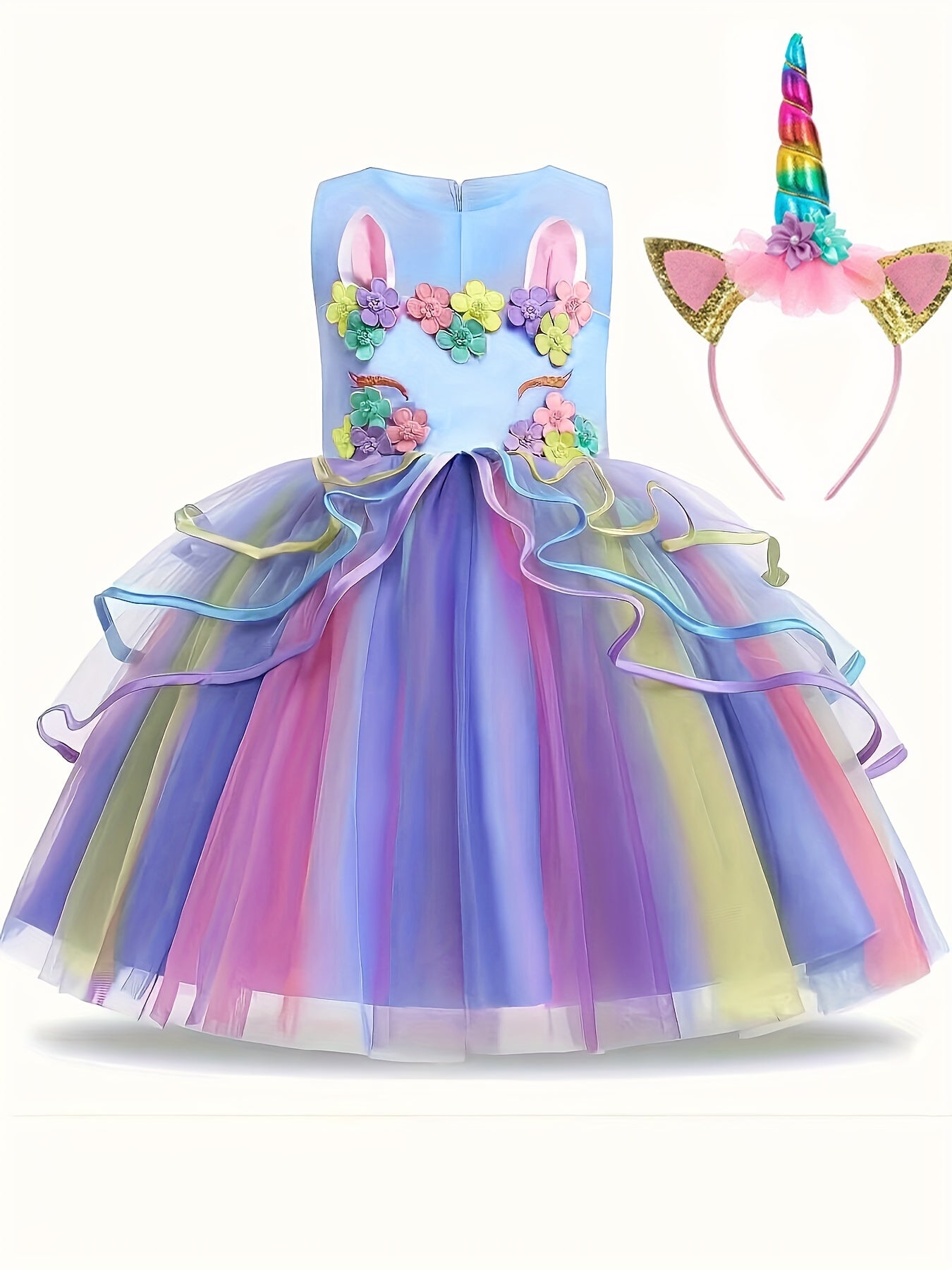 Unicorn Princess Dress Floral Print Mesh Tulle Kids Dress