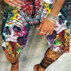 Colorful Skull Graphic Men's Shorts Elastic Waist Summer Outdoor