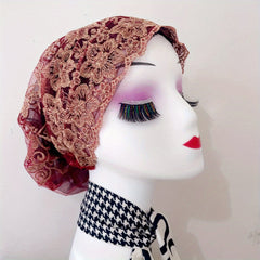 Vintage Lace Flower Embroidery Turban Cap Double Layer Hijab Boho Head Scarf