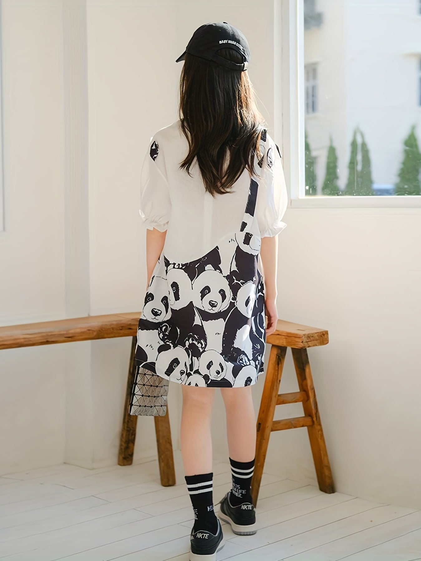 Girl's Panda Graphic Dress Short Sleeve Crew Neck Princess Dress