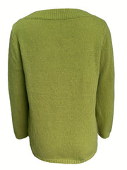 Solid Button Long Sleeve V Neck Cut Out Jumper