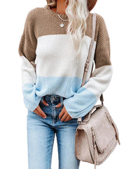Women's Casual Crew Neck Block Long Sleeve Loose Knit Sweater