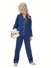 2pcs Kid's Solid Satin Pajamas Button Front Top & Pants Set