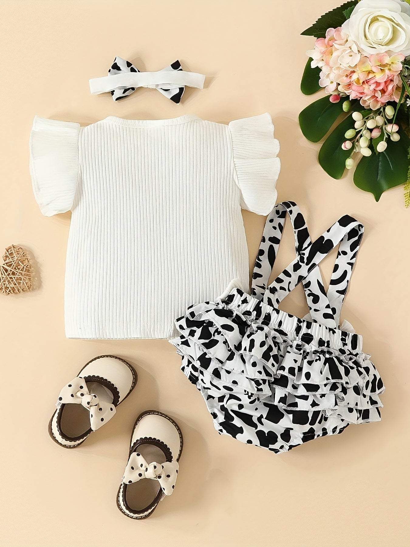 Cow Print Sleeveless Romper Set for Baby Girls