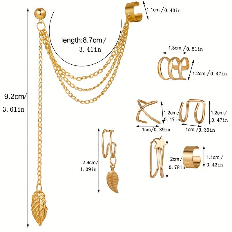 7pcs Iron Leaf Tassel Earring Clip Set