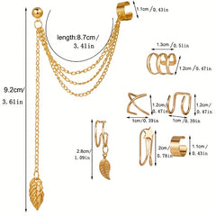 7pcs Iron Leaf Tassel Earring Clip Set