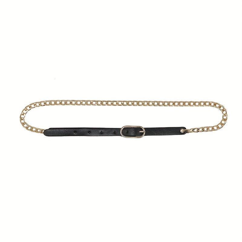 Stylish Oval Buckle Chain Belt PU Leather Thin Belt for Women