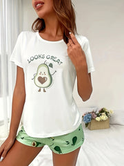 Avocado Print Pajamas Set Short Sleeve Top & Shorts